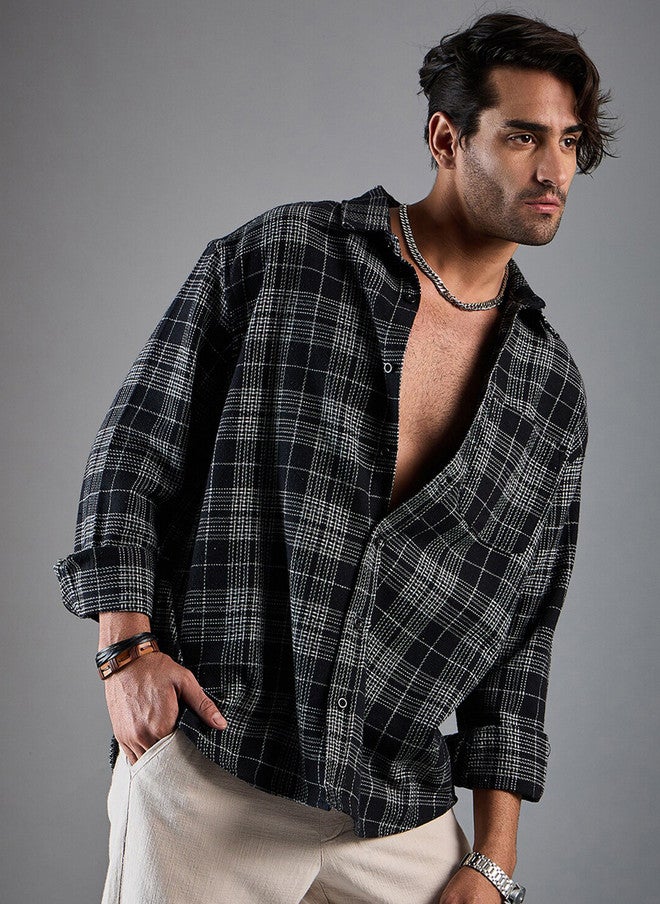 CHIMPAAANZEE Oversized Tartan Checked Spread Collar Casual Shirt - Image 1